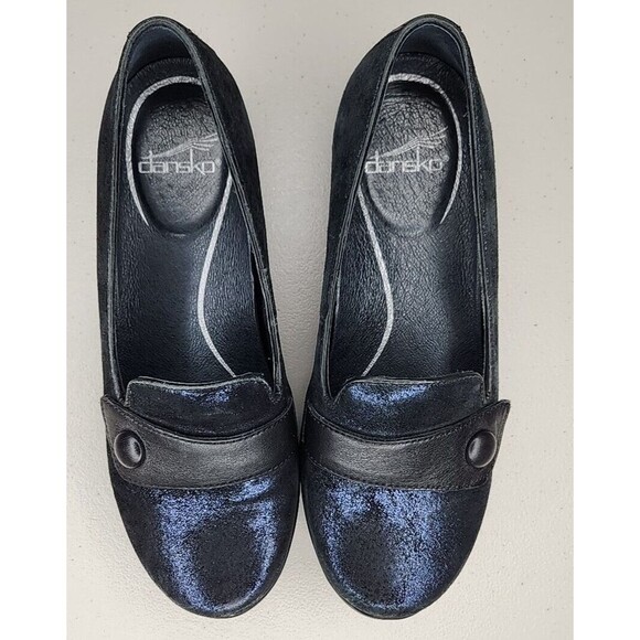 Dansko Olena Women’s 36 Black Leather Blue Metallic Loafer Clogs Flats EUC - Picture 6 of 10